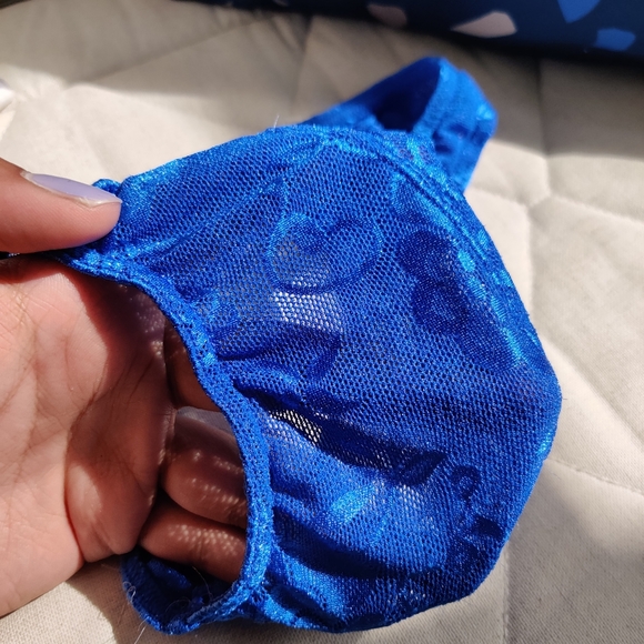 Lace Brazilian Thong, Blue, L - Picture 2 of 3